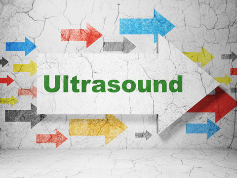 Healthcare concept:  arrow with Ultrasound on grunge textured concrete wall background, 3D rendering
