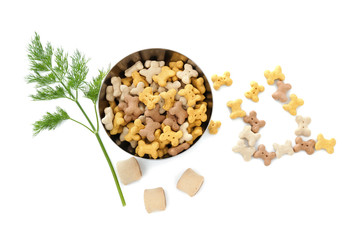 Bowl with pet food on white background