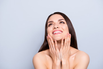 Feelings, emotions, pleasure, fun, joy concept. Portrait of glad sensual gorgeous satisfied mature woman looking away having beaming smile perfect manicure isolated on grey background
