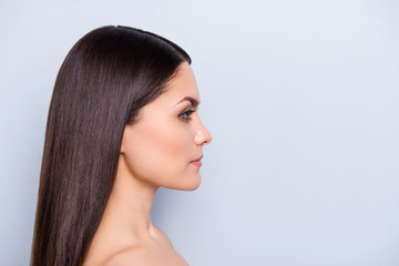Profile portrait with copy space of calm idyllic woman with smooth soft perfect skin having acne pustule pimple, isolated on grey background, medical plastic surgery concept