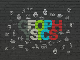 Science concept: Painted multicolor text Geophysics on Black Brick wall background with  Hand Drawn Science Icons