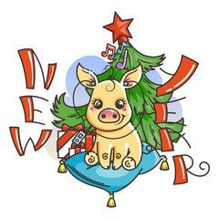 Happy New 2019 Year card with cartoon golden baby pig. Small symbol of holiday.