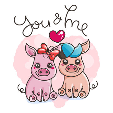 Cute cartoon baby pigs in love