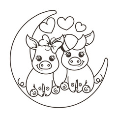 Cute cartoon baby pigs in love on a Moon