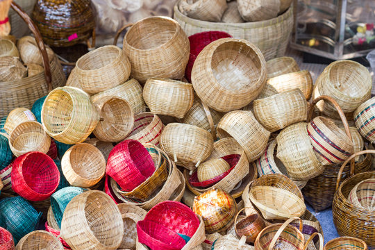 Close up  Thai wicker - bamboo craft hand made thailand - the villagers took bamboo stripes to weave into different forms for daily use utensils of the community&rsquo;s people