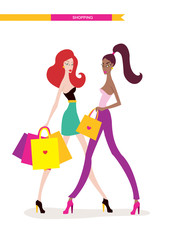 Beautiful young women with shopping bags isolated on white background