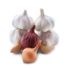 Fresh onions and garlic on white background