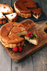 Homemade cheesecake, apple pie and chocolate cheesecakedessert - healthy organic summer dessert pie