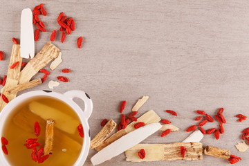 Chinese herbal medicine soup with ingredient from above.