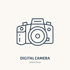 Digital camera flat line icon. Photography equipment sign. Thin linear logo for photo studio.