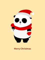 Vector Illustration: A cute cartoon giant panda with red scarf, red christmas hat and red gloves is holding snowflake and star decorations in the hands.