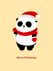 Vector Illustration: A cute cartoon giant panda with red scarf, red christmas hat and red gloves is holding snowflake and star decorations in the hands. © lujunxu