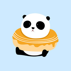 Vector Illustration: A cute cartoon giant panda is sitting on the ground, with a big doughnut / donut on his neck.