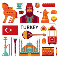 Turkey icons collection. Vector illustration of Turkish culture and food symbols, such as Turks in national costume, Blue Mosque, Trojan horse, baklava and hookah in trendy flat style.