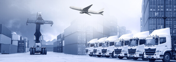 Logistics industry background with truck fleet, container depot and Air freight service.
