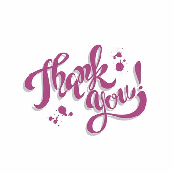 Thank you. Lettering. Purple. Blots.  Inspirational writing. Postcard. Vector.