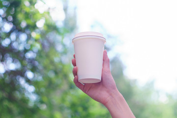 Girl is holding white cup, mug in hands. Mockup for products presentations, logo and text. Hand holding paper cup of coffee in a green park. Branding mockup scene