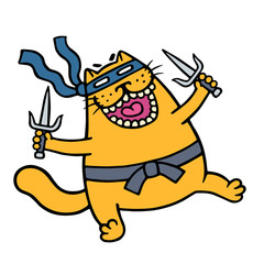 Cute fat ninja cat in a mask and with two sais in the paws. Vector illustration.