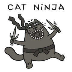 cartoon fat ninja cat with sais is attacking. vector illustration.