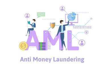 AML, Anti money laundering. Concept with keywords, letters and icons. Colored flat vector illustration on white background.
