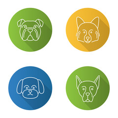 Dogs breeds flat linear long shadow icons set