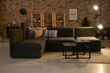 Comfortable sofa in interior of living room