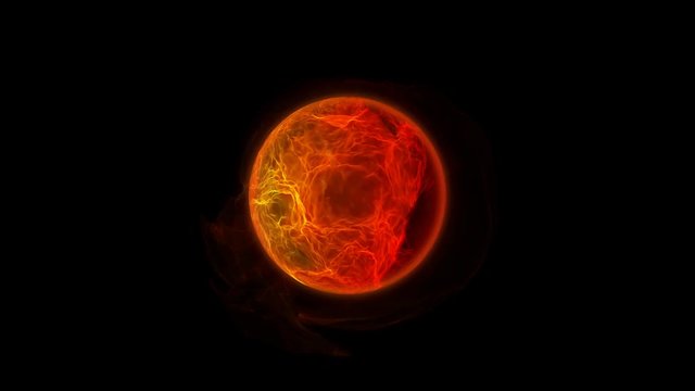 Burning fire planet. Alpha channel. Burning sun with solar flares and energy charges. Rotating, ball beautiful tongues of fire and flame. Fire ball