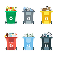 Vector illustration, set of flat logo symbols. Recycling garbage elements. Sorting and processing of garbage. Utilize waste. Trash bags bins cans