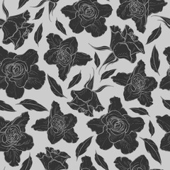 Seamless pattern of black and white graphic roses. vector illustration.