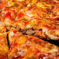 Slice of pizza cheese crust seafood topping sauce. with bell pepper vegetables delicious tasty fast food italian traditional and soft drink carbonated fresh on wooden board table classic and smoke