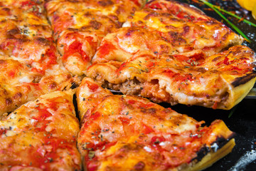 Slice of pizza cheese crust seafood topping sauce. with bell pepper vegetables delicious tasty fast food italian traditional and soft drink carbonated fresh on wooden board table classic and smoke