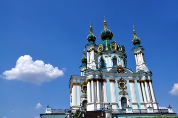 Fototapeta na wymiar Saint Andrew's Church in Kiev on the Andriyivskyy Descent. The capital of Ukraine - Kyiv.