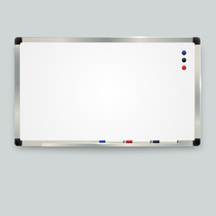 Empty whiteboard with color markers and magnetic , whiteboard background