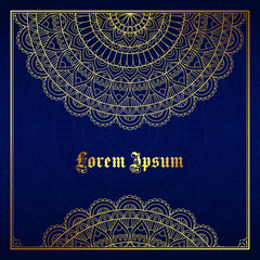 Greeting card, invitation or flyer template with golden mandala ornament. Hand drawn vector illustration