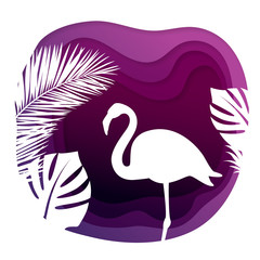 Paper carve cut art with flamingo and tropical leaf. Purple origami design. Wave shapes abstract 3D background. Travel concept 3d paper layers for card, banner, business presentation, party flyer