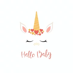 Zelfklevend Fotobehang Hand drawn vector illustration of a cute funny unicorn face cake decoration with hearts, stars, lettering quote Hello baby. Isolated on white background. Flat style design. Concept for children print. © Maria Skrigan