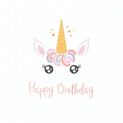 Sierkussen Hand drawn vector illustration of a cute funny unicorn face cake decoration with lettering quote Happy birthday. Isolated objects on white background. Flat style design. Concept for children print. © Maria Skrigan