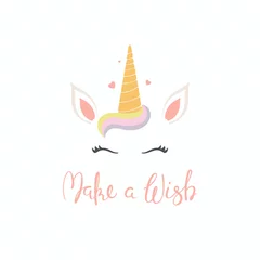 Zelfklevend Fotobehang Hand drawn vector illustration of a cute funny unicorn face cake decoration with lettering quote Make a wish. Isolated objects on white background. Flat style design. Concept for children print. © Maria Skrigan