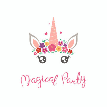 Hand drawn vector illustration of a cute funny unicorn face cake decoration with flowers, lettering quote Magical party. Isolated on white background. Flat style design. Concept for children print.