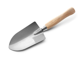 Metal shovel for gardening on white background