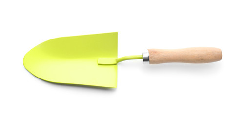 Metal shovel for gardening on white background