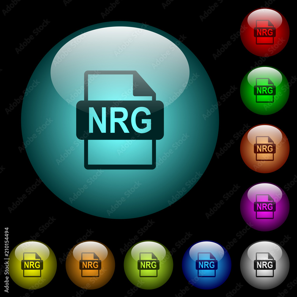 Poster nrg file format icons in color illuminated glass buttons