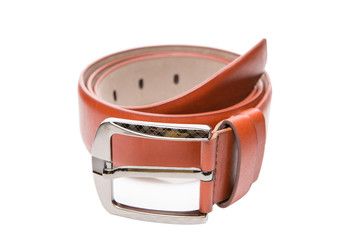male brown belt with metal buckle on white background isolate, close-up