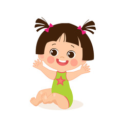 Happy Holidays. Vector Baby Sitting Illustration, Cute Baby Girl, Cartoon Little Kid On White Background. Child Colorful Cartoon Character Vector Illustration. Happy Childhood Memories.