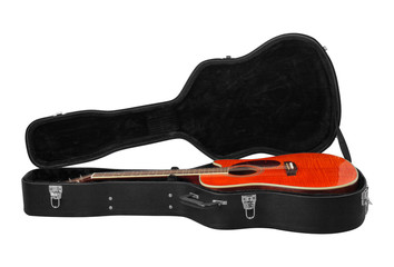 Musical instrument - Orange acoustic guitar in hard case isolated