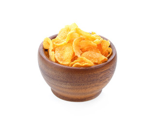tasty cornflakes isolated on wood bowl on white background
