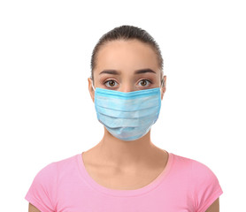 Young woman in protective mask on white background. Allergy concept