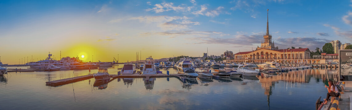 SOCHI, RUSSIA-JUNE 2, 2018: Sunset at the Seaport.