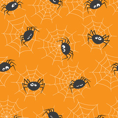 Obraz premium Seamless pattern with cute spiders and spider webs. Halloween theme, vector illustration.