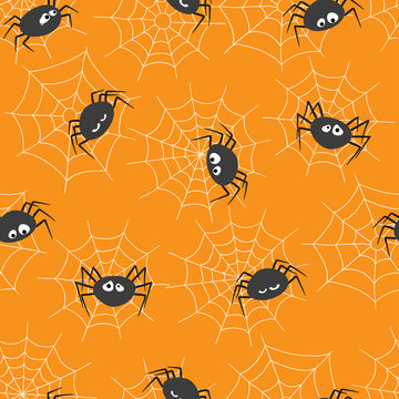 Seamless pattern with cute spiders and spider webs. Halloween theme, vector illustration.